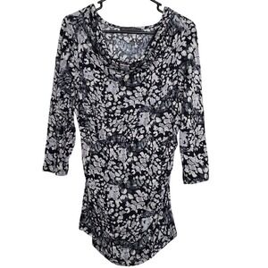 Rose & Olive Draped Neckline Black White Gray Top 3/4 Sleeve Blouse SZ:L‎